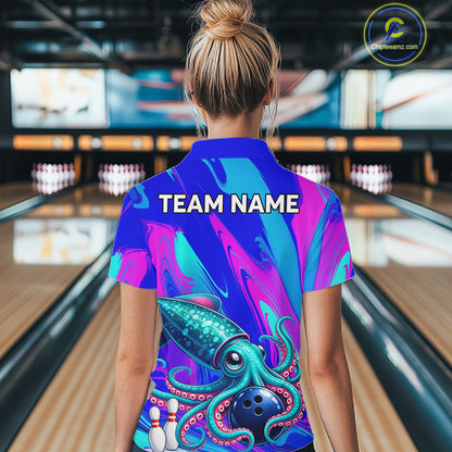 Custom Funny Octopus Bowling Polo 1/4-Zip Shirt For Women Pink Blue Bowling Tournament Jersey NYN4699