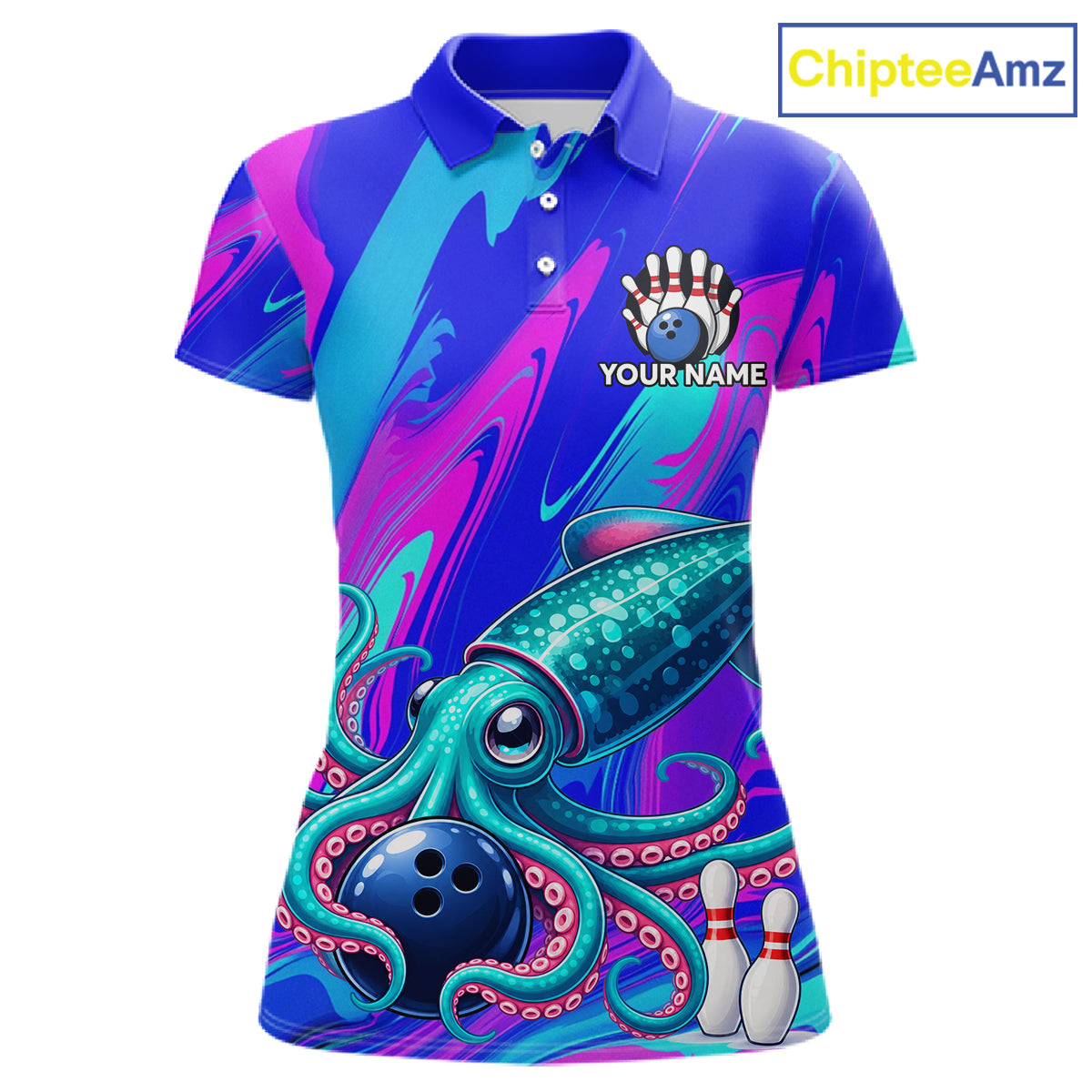 Custom Funny Octopus Bowling Polo 1/4-Zip Shirt For Women Pink Blue Bowling Tournament Jersey NYN4699