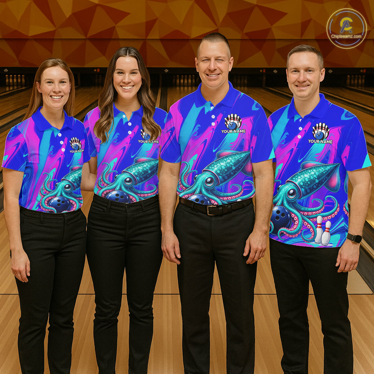 Custom Funny Octopus Bowling Polo 1/4-Zip Shirt For Women Pink Blue Bowling Tournament Jersey NYN4699