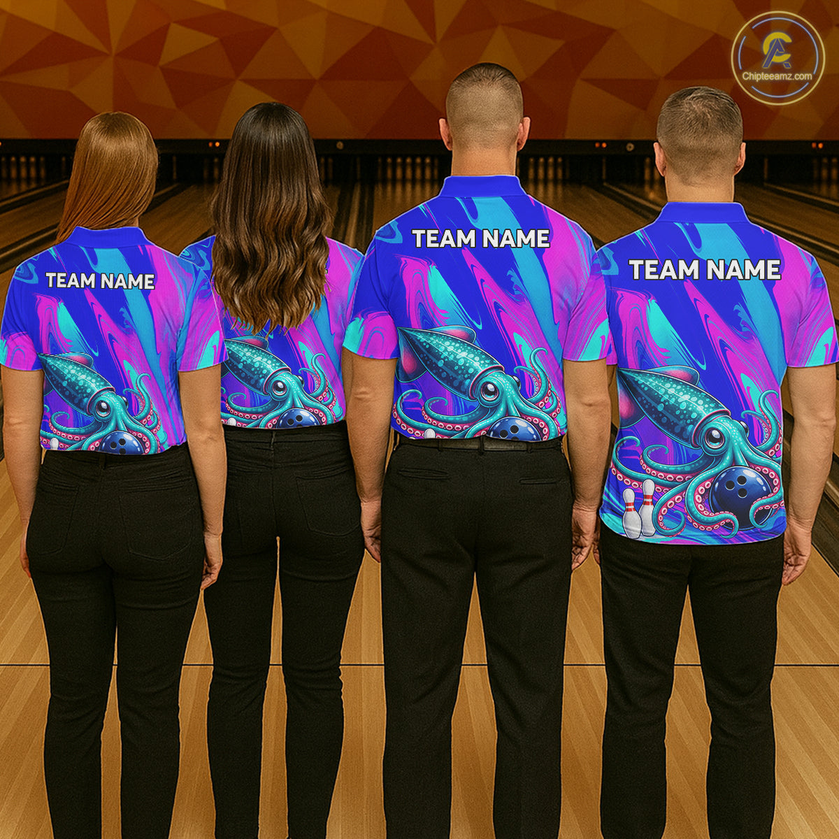 Custom Funny Octopus Bowling Polo 1/4-Zip Shirt For Women Pink Blue Bowling Tournament Jersey NYN4699