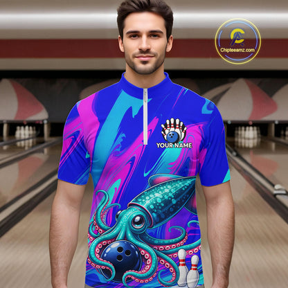 Custom Funny Octopus Bowling Polo 1/4-Zip Shirt For Men Pink Blue Bowling Tournament Jersey NYN4699
