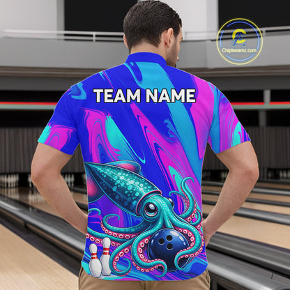 Custom Funny Octopus Bowling Polo 1/4-Zip Shirt For Men Pink Blue Bowling Tournament Jersey NYN4699