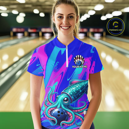 Custom Funny Octopus Bowling Polo 1/4-Zip Shirt For Women Pink Blue Bowling Tournament Jersey NYN4699