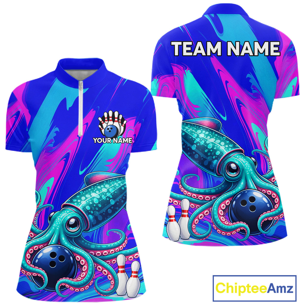Custom Funny Octopus Bowling Polo 1/4-Zip Shirt For Women Pink Blue Bowling Tournament Jersey NYN4699