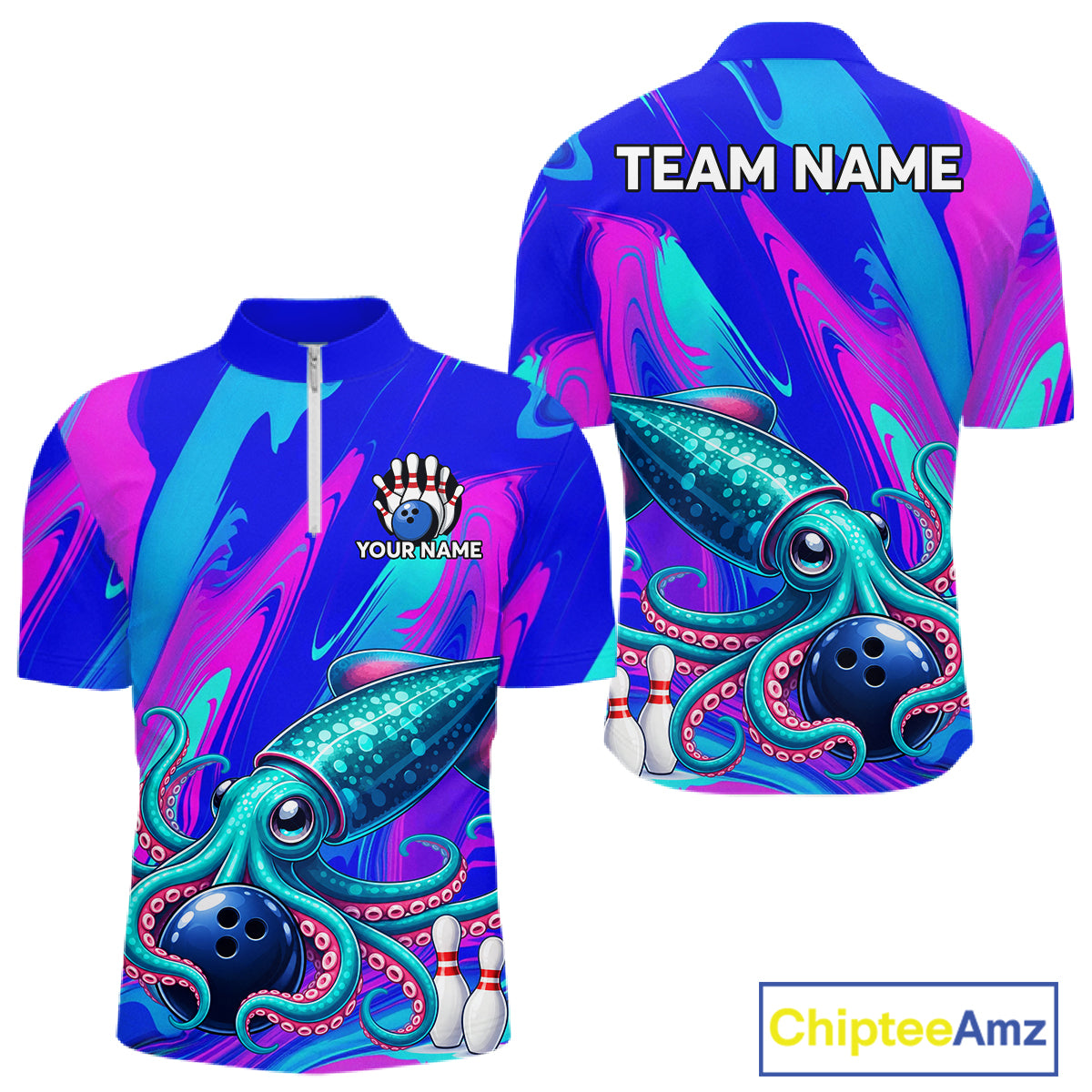 Custom Funny Octopus Bowling Polo 1/4-Zip Shirt For Men Pink Blue Bowling Tournament Jersey NYN4699