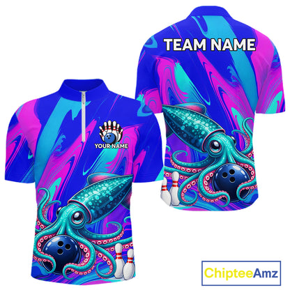 Custom Funny Octopus Bowling Polo 1/4-Zip Shirt For Men Pink Blue Bowling Tournament Jersey NYN4699
