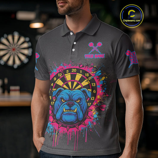 Custom Funny Bulldog Colorful Dartboard Darts Polo Shirt For Men Splatter Dart Jerseys NYN1826