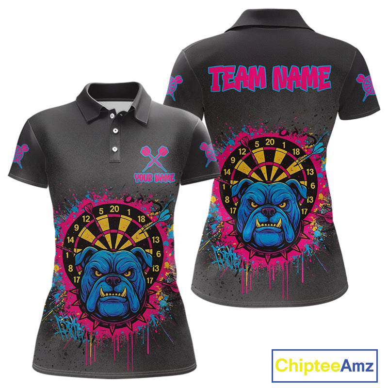Custom Funny Bulldog Colorful Dartboard Darts Polo Shirt For Women Splatter Dart Jerseys NYN1826