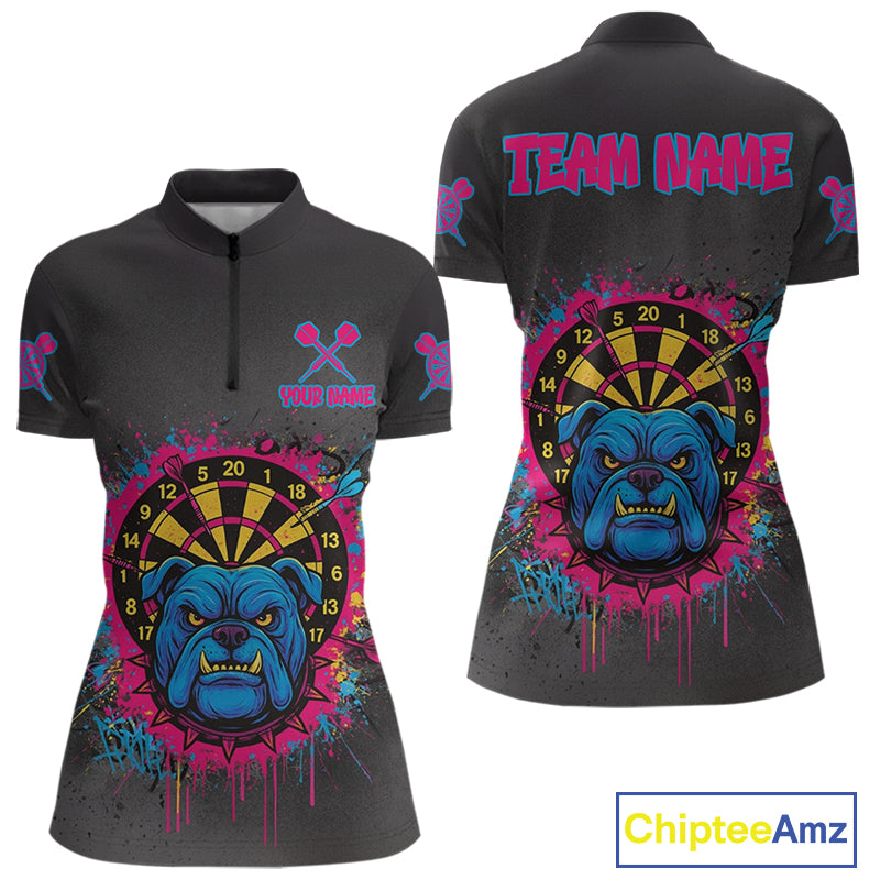 Custom Funny Bulldog Colorful Dartboard Darts Quarter-Zip Shirt For Women Splatter Dart Jerseys NYN1826