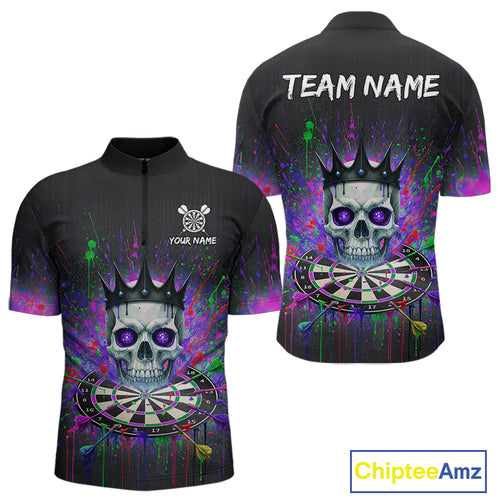 Custom Purple Crown Skull Colorful Dripping Dartboard Men Darts Quarter-Zip Shirt Dart Jerseys NYN1827
