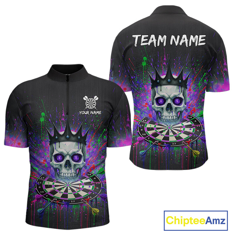 Custom Purple Crown Skull Colorful Dripping Dartboard Men Darts Quarter-Zip Shirt Dart Jerseys NYN1827