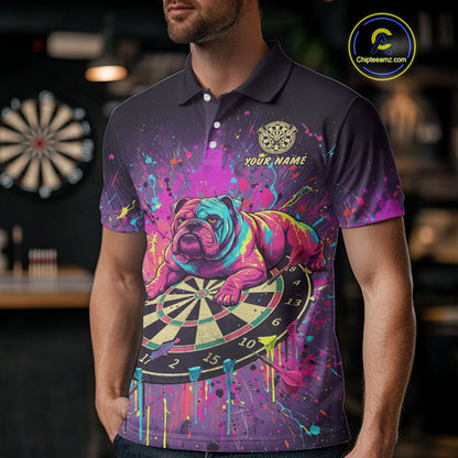 Custom Purple Bulldog Splatter Dartboard Men Darts Polo Shirt Funny Colorful Dart Jerseys NYN1828