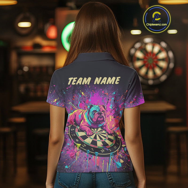 Custom Purple Bulldog Splatter Dartboard Women Darts Polo Shirt Funny Colorful Dart Jerseys NYN1828