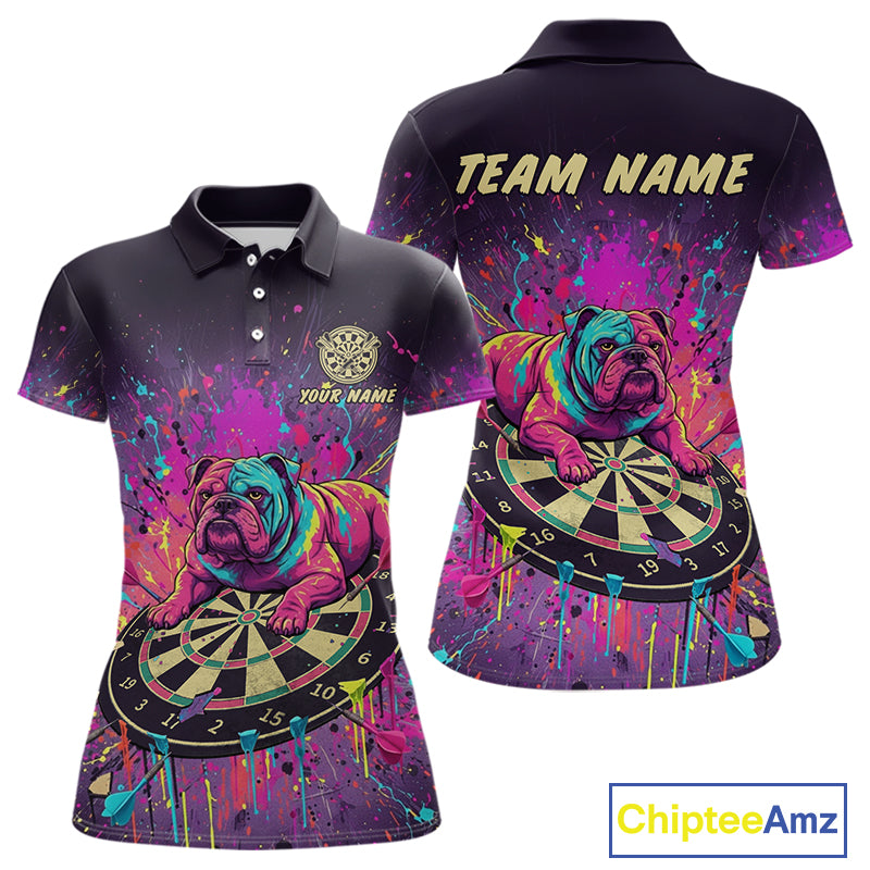 Custom Purple Bulldog Splatter Dartboard Women Darts Polo Shirt Funny Colorful Dart Jerseys NYN1828