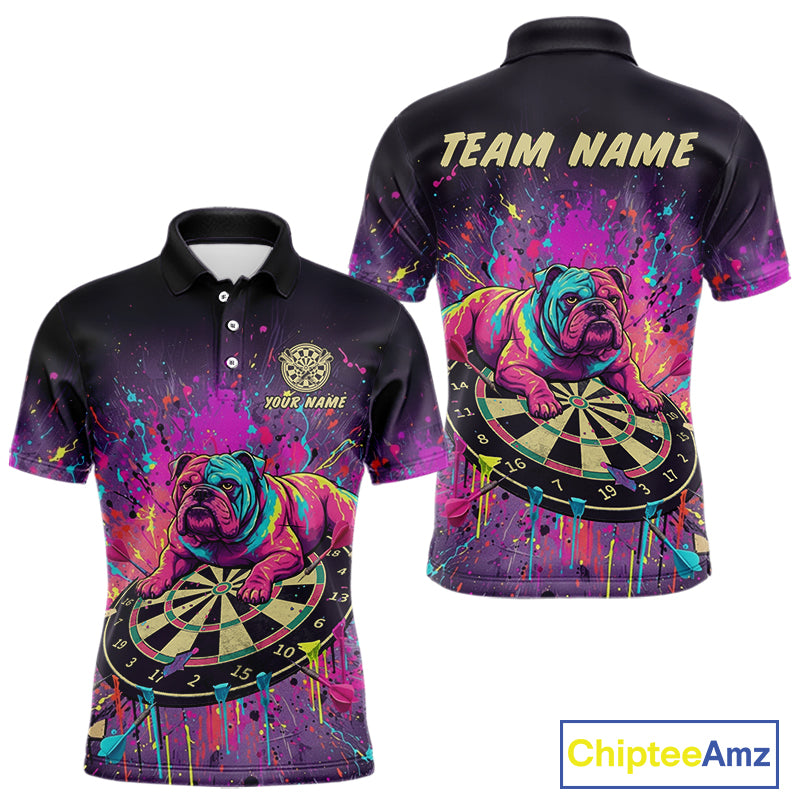 Custom Purple Bulldog Splatter Dartboard Men Darts Polo Shirt Funny Colorful Dart Jerseys NYN1828