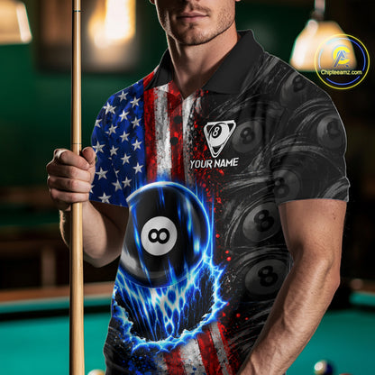 Custom Grunge US Flag 8 Ball Billiard Shirt For Men Blue Thunder Pool Team Shirt Billiard Gift NYN5093