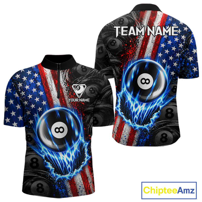 Custom Grunge US Flag 8 Ball Billiard Shirt For Men Blue Thunder Pool Team Shirt Billiard Gift NYN5093