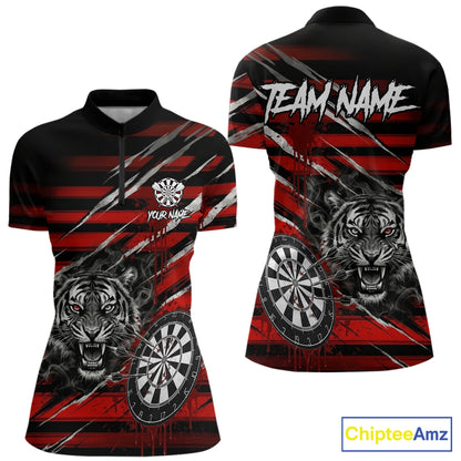 Red Grunge Grey Smoke Tiger Dartboard Custom Dart Quarter-Zip Shirt Women Dart League Jerseys NYN2087