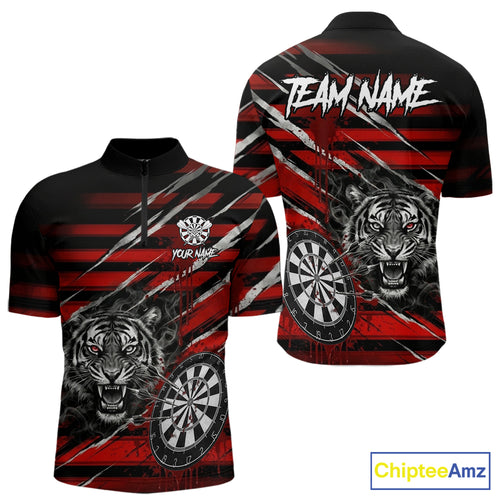 Red Grunge Grey Smoke Tiger Dartboard Custom Dart Quarter-Zip Shirt Men Dart League Jerseys NYN2087