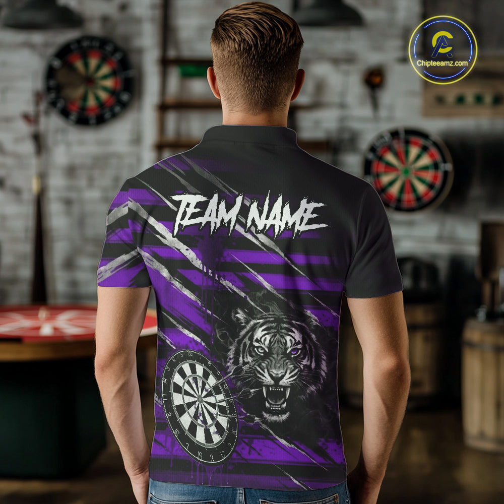 Purple Grunge Grey Smoke Tiger Dartboard Custom Dart Polo Shirt Men Dart League Jerseys NYN2088