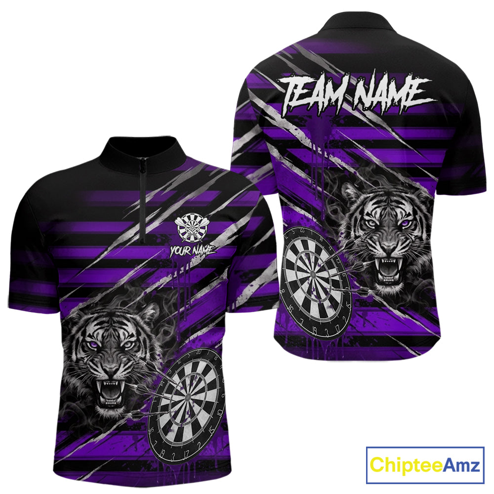 Purple Grunge Grey Smoke Tiger Dartboard Custom Dart Quarter-Zip Shirt Men Dart League Jerseys NYN2088