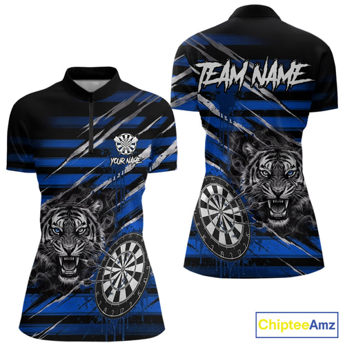 Blue Grunge Grey Smoke Tiger Dartboard Custom Dart Quarter-Zip Shirt Women Dart League Jerseys NYN2089
