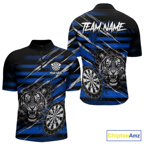 Blue Grunge Grey Smoke Tiger Dartboard Custom Dart Quarter-Zip Shirt Men Dart League Jerseys NYN2089