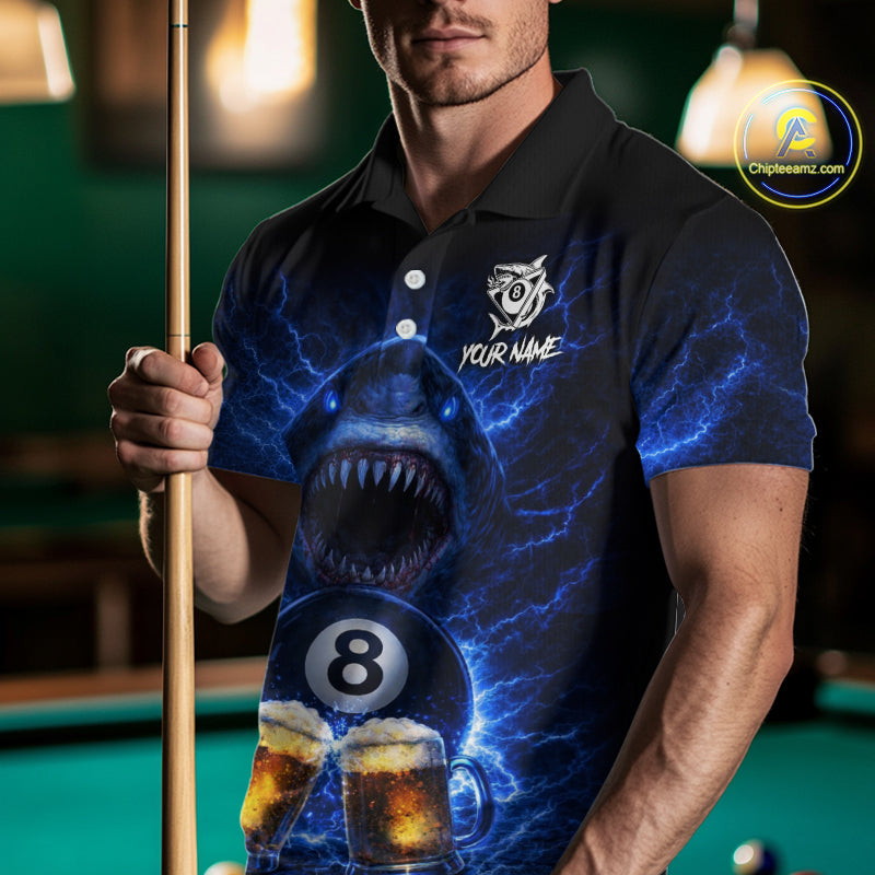 Blue Funny Lightning Shark Cheer Beers Pool 8 Ball Men Billiard Shirt Custom Ball Billiard Attire NYN2613