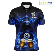 Load image into Gallery viewer, Blue Funny Lightning Shark Cheer Beers Pool 8 Ball Men Billiard Shirt Custom Ball Billiard Attire NYN2613