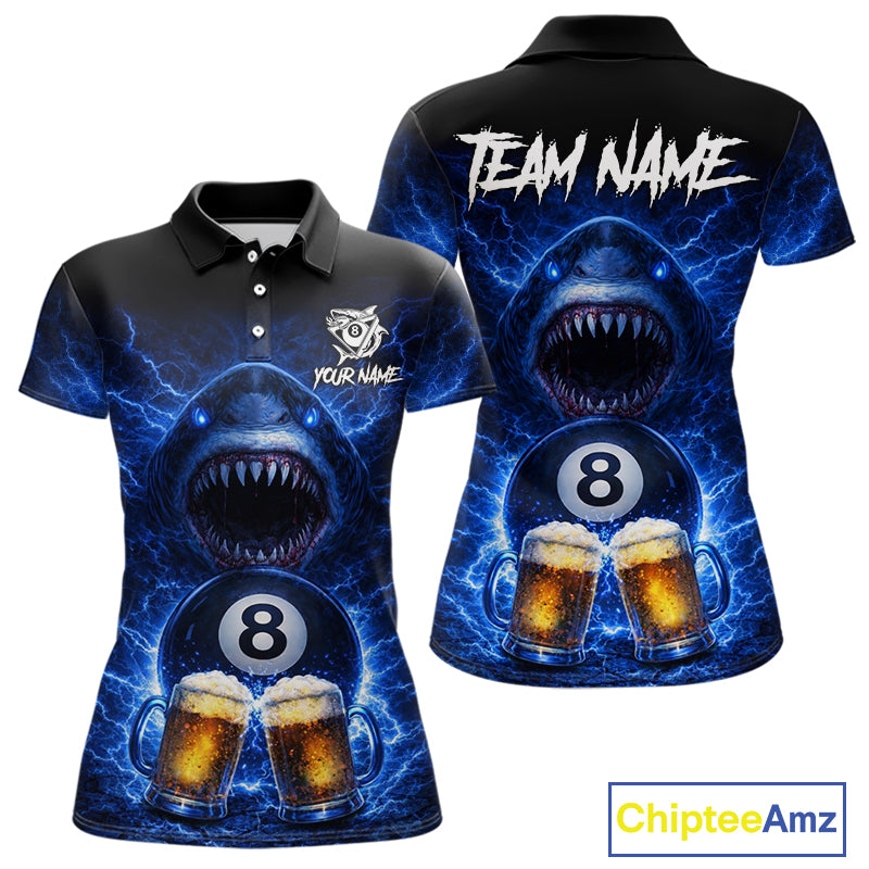 Blue Funny Lightning Shark Cheer Beers Pool 8 Ball Women Billiard Shirt Custom Ball Billiard Attire NYN2613