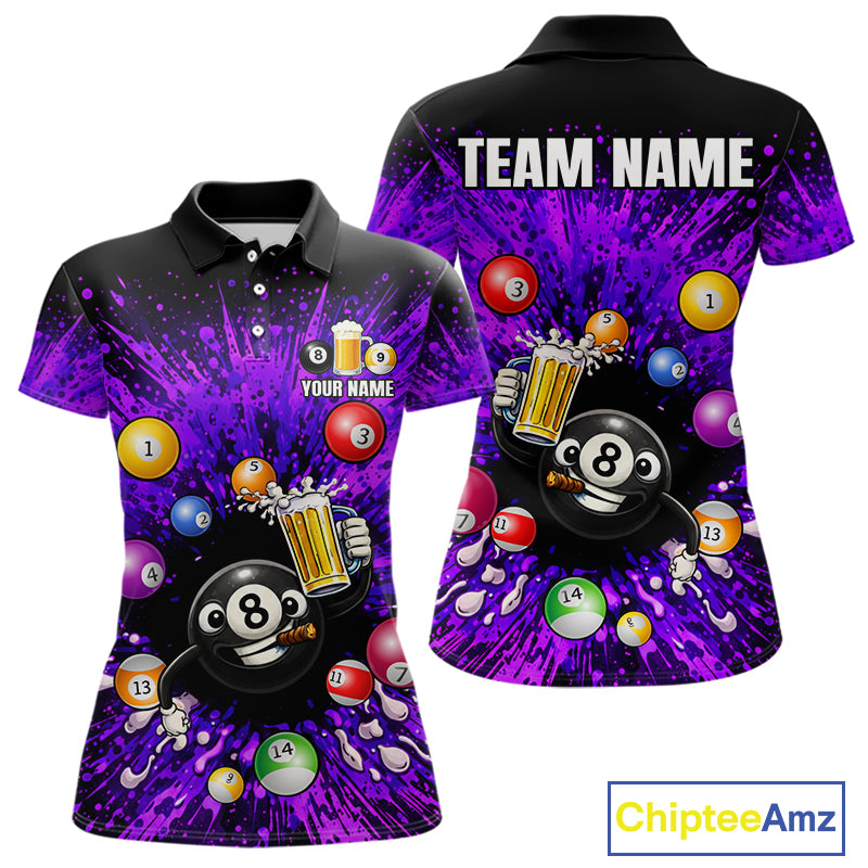 Purple Splatter Paint Pool 8 Ball Billiard Shirt For Women Custom Funny Beer 8 Ball Billiard Attire NYN2615