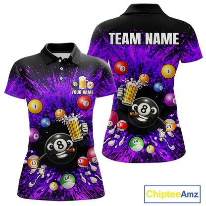 Purple Splatter Paint Pool 8 Ball Billiard Shirt For Women Custom Funny Beer 8 Ball Billiard Attire NYN2615