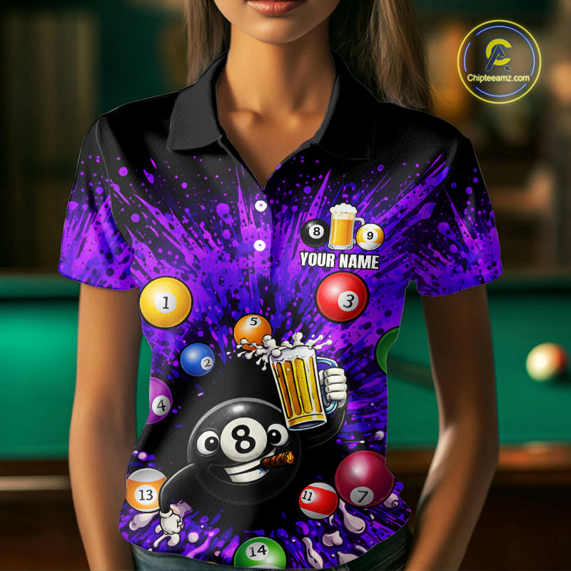 Purple Splatter Paint Pool 8 Ball Billiard Shirt For Women Custom Funny Beer 8 Ball Billiard Attire NYN2615