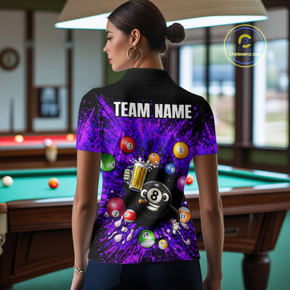 Purple Splatter Paint Pool 8 Ball Billiard Shirt For Women Custom Funny Beer 8 Ball Billiard Attire NYN2615