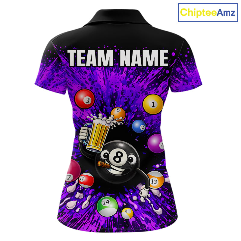Purple Splatter Paint Pool 8 Ball Billiard Shirt For Women Custom Funny Beer 8 Ball Billiard Attire NYN2615