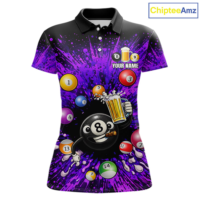 Purple Splatter Paint Pool 8 Ball Billiard Shirt For Women Custom Funny Beer 8 Ball Billiard Attire NYN2615