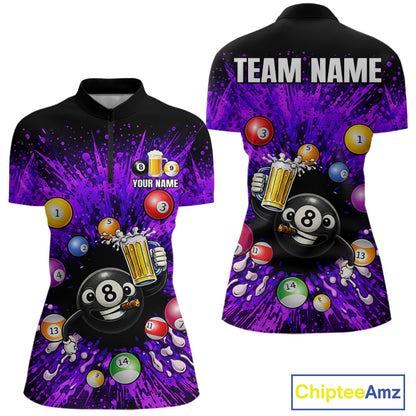 Purple Splatter Paint Pool 8 Ball Billiard Shirt For Women Custom Funny Beer 8 Ball Billiard Attire NYN2615