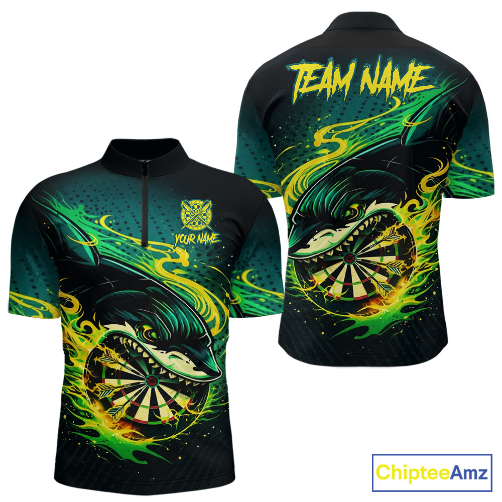 Green Splatter Paint Shark Dartboard & Arrow Men Darts Quarter-Zip Shirt Custom Darts Team Jersey NYN2616