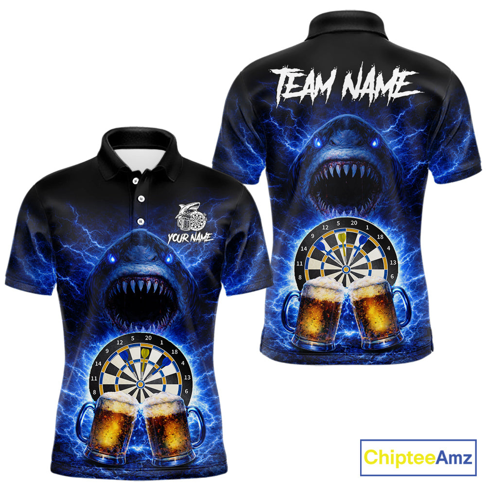 Blue Horror Shark Cheer Beer & Dartboard Men Darts Polo Shirt Custom Funny Dart Team Jersey NYN2617