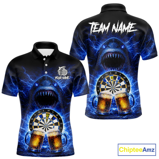 Blue Horror Shark Cheer Beer & Dartboard Men Darts Polo Shirt Custom Funny Dart Team Jersey NYN2617