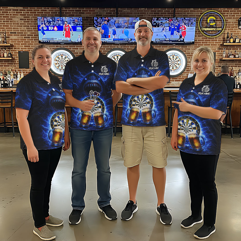 Blue Horror Shark Cheer Beer & Dartboard Women Darts Polo Shirt Custom Funny Dart Team Jersey NYN2617