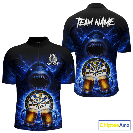 Blue Horror Shark Cheer Beer & Dartboard Men Darts Quarter-Zip Shirt Custom Funny Dart Team Jersey NYN2617
