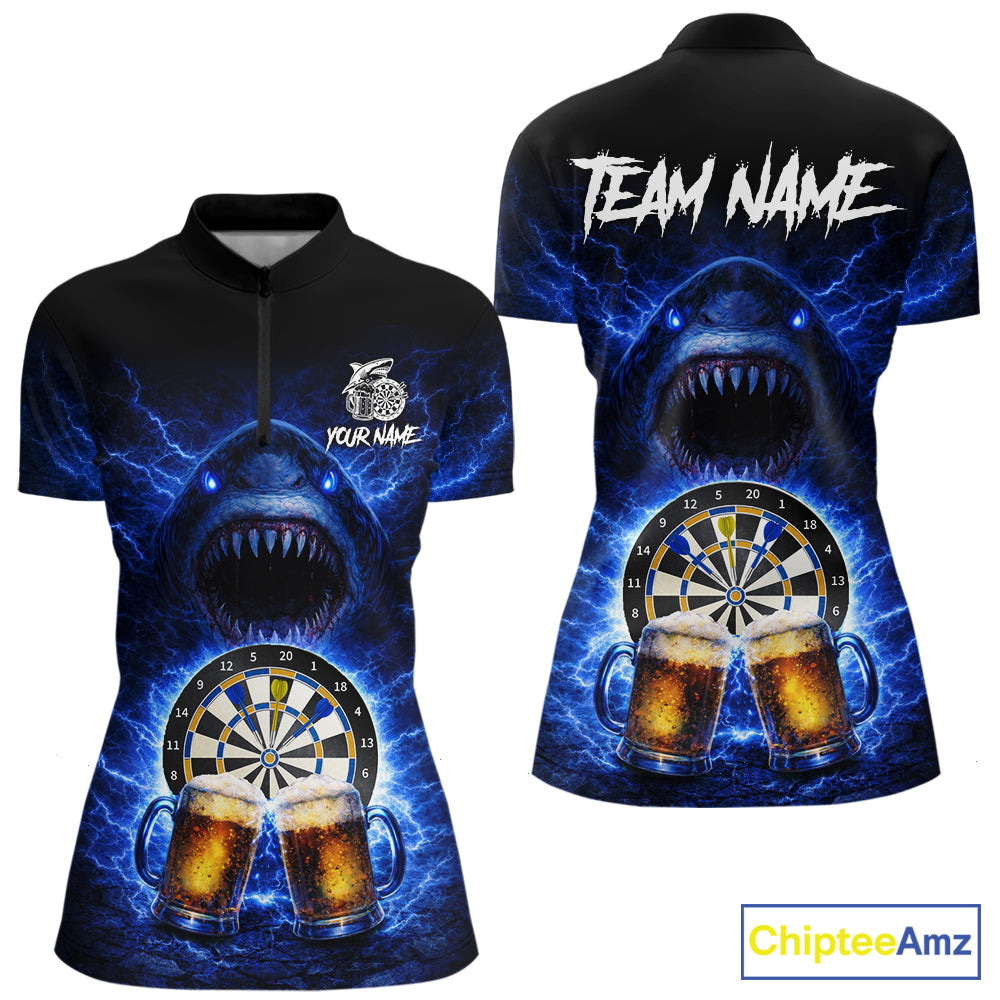 Blue Horror Shark Cheer Beer & Dartboard Women Darts Quarter-Zip Shirt Custom Funny Dart Team Jersey NYN2617