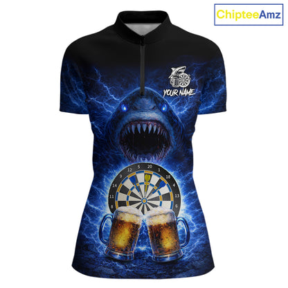 Blue Horror Shark Cheer Beer & Dartboard Women Darts Quarter-Zip Shirt Custom Funny Dart Team Jersey NYN2617