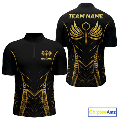 Personalized Black And Gold Wings Dart Arrow Men Darts Quarter-Zip Shirt Custom Dart Team Jersey NYN2619