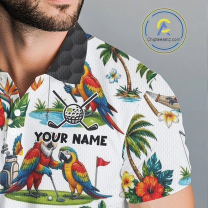 Tropical White And Black Golf Ball Polo Golf Shirts For Men Custom Parrot Golf Team Attire NYN3175