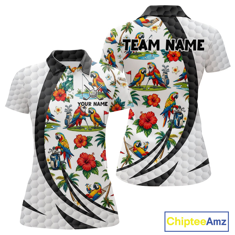 Tropical White And Black Golf Ball Polo Golf Shirts For Women Custom Parrot Golf Team Attire NYN3175