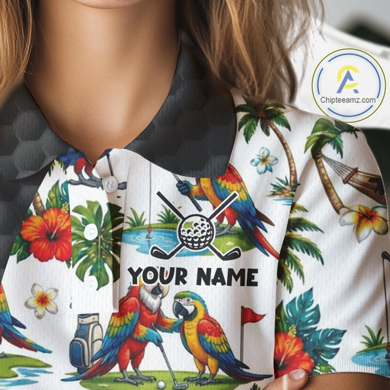 Tropical White And Black Golf Ball Polo Golf Shirts For Women Custom Parrot Golf Team Attire NYN3175