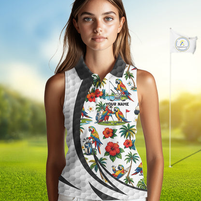 Tropical White And Black Golf Ball Sleeveless Polo Golf Shirts For Women Custom Parrot Golf Attire NYN3175