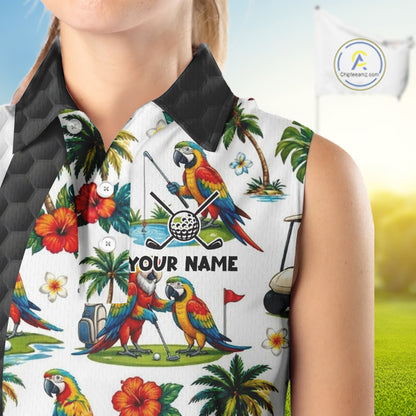 Tropical White And Black Golf Ball Sleeveless Polo Golf Shirts For Women Custom Parrot Golf Attire NYN3175